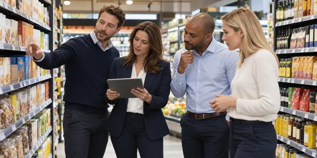 Four colleagues reviewing products on a tablet in a supermarket aisle.